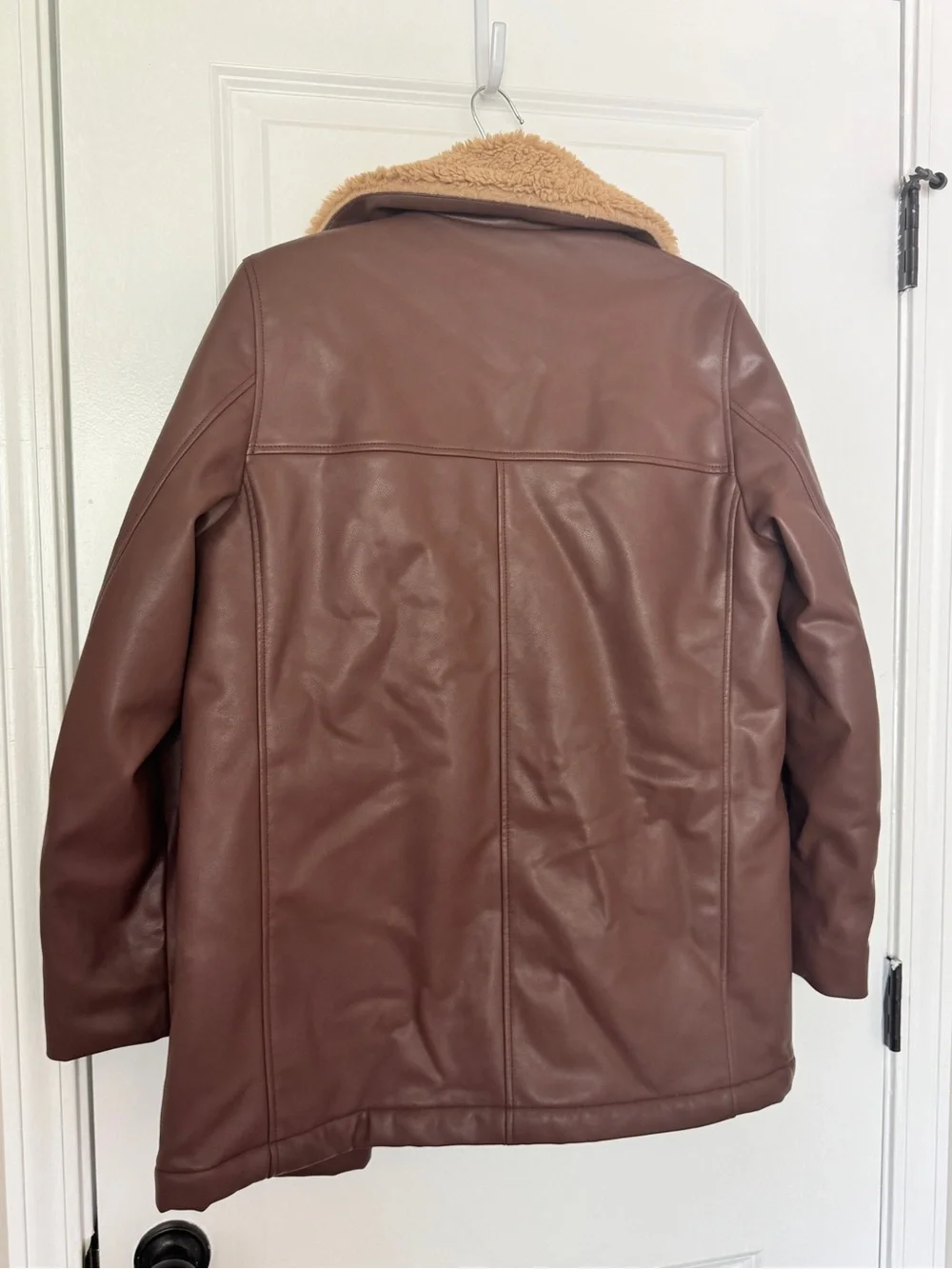 Brown Faux Leather Shearling Jacket with Tan Lining - Women